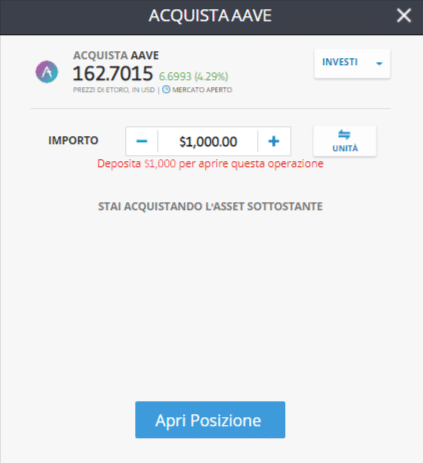 Screenshot della schermata del sito ufficiale di eToro per l'acquisto di Aave (AAVE)