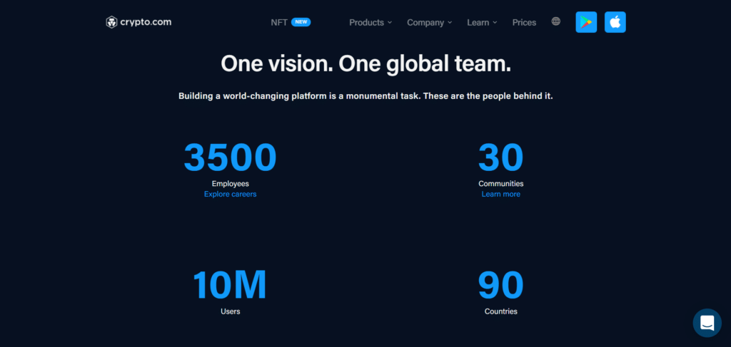 Screesnhot della pagina ufficiale di Crypto.com che mostrano come la piattaforma sia presente in 90 nazioni e come vi siano più di 10 milioni di utenti attivi.