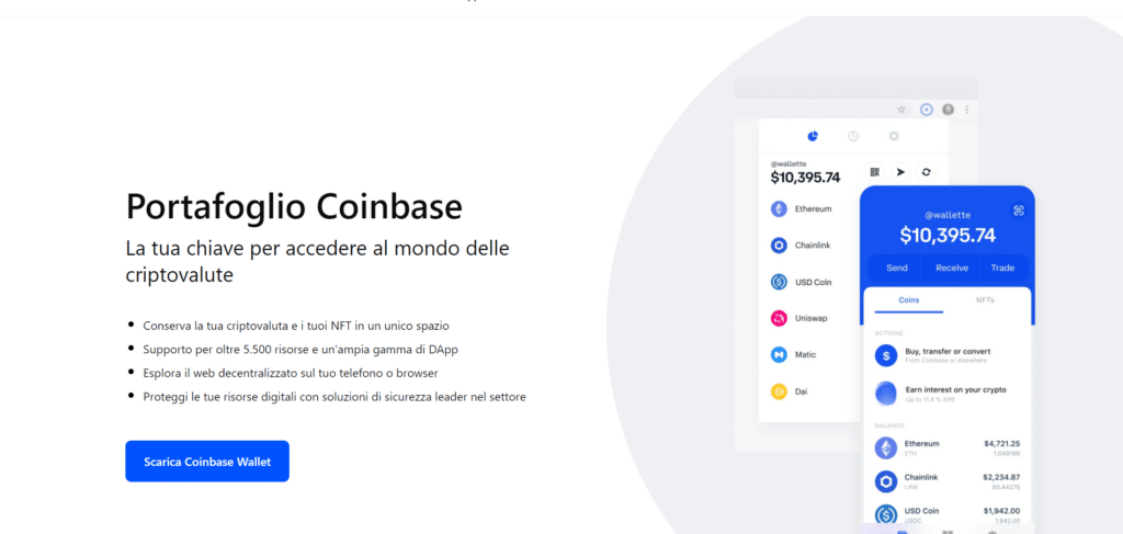 Screenshot del sito ufficiale di Coinbase che mostra la possibilità di utilizzare un portafoglio virtuale fornito da Coinbase.