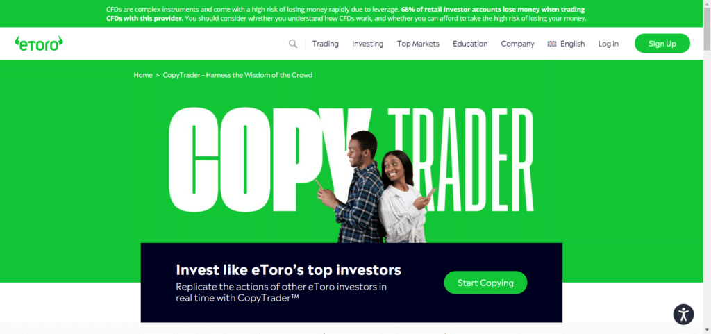 Immagine tratta dal sito ufficiale di eToro che mostra la funzionalità del Copytrading.