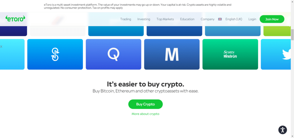 Screenshot della pagina ufficiale di eToro che mostra quanto è semplice comprare criptovalute sulla piattaforma.
