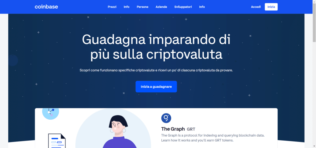 Immagine che mostra come tramite Coinbase Earn è possibile guadagnare imparando di più sulle criptovalute.