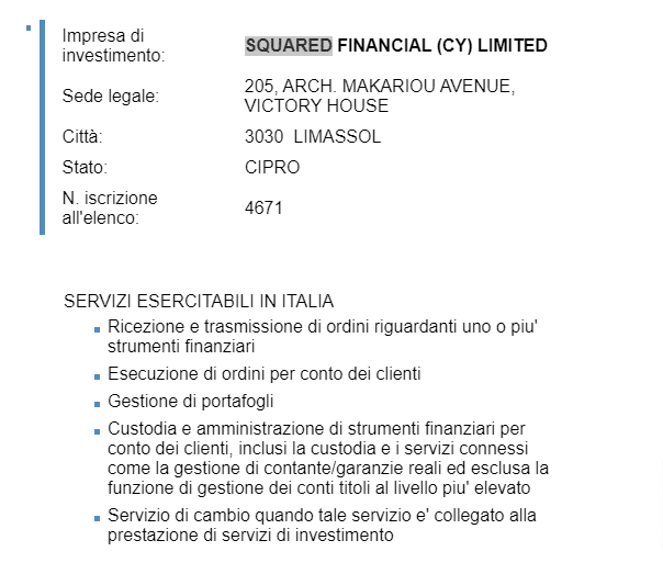 dettaglio dell'autorizzazione Consob di SquaredFinancial che attesta la sicurezza del broker