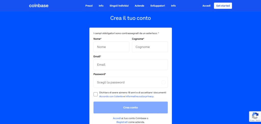 Screenshot della pagina di registrazione sul sito ufficiale di Coinbase.