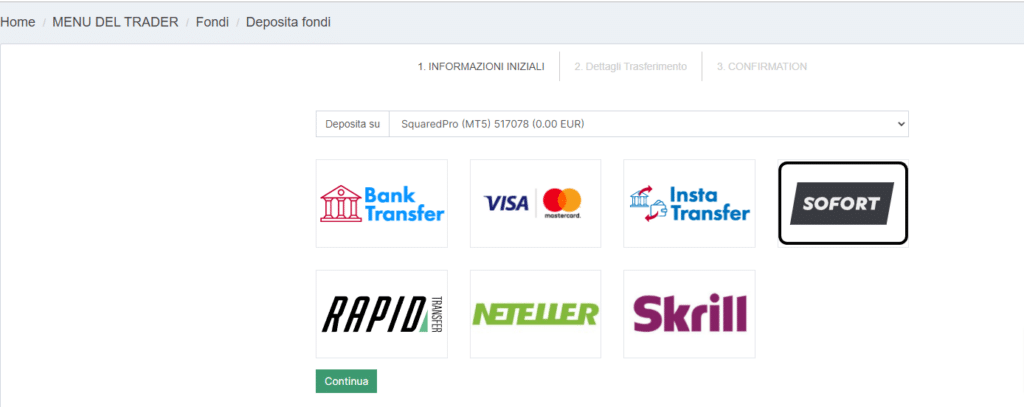 metodi di pagamento disponibili su SquaredFinancial e come effettuare il primo deposito