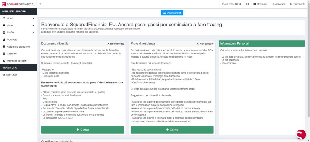 schermata di verifica del conto con verifica di indirizzo e identità