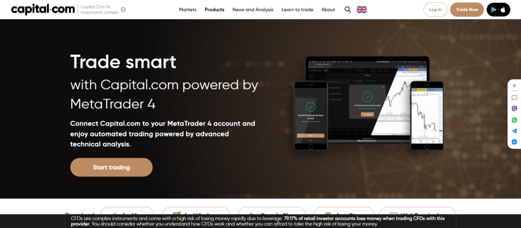 Immagine tratta dal sito ufficiale di Capital.com che mostra la possibilità di poter utilizzare la piattaforma di trading di MetaTrader 4.