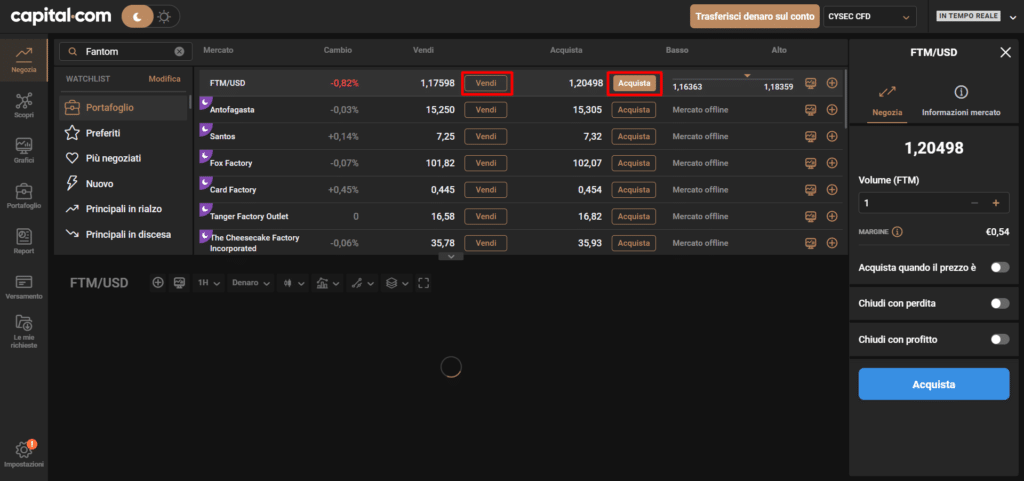 Screenshot della schermata di Capital.com per l'acquisto di Fantom (FTM).