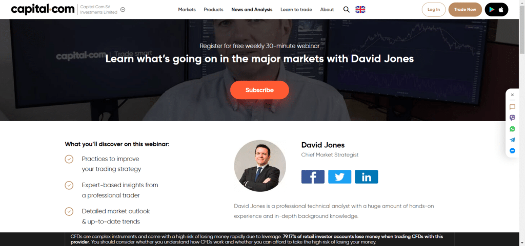 Screenshot dal sito ufficiale di Capital.com che mostra come la piattaforma offra ai suoi utenti webinar gratuiti.