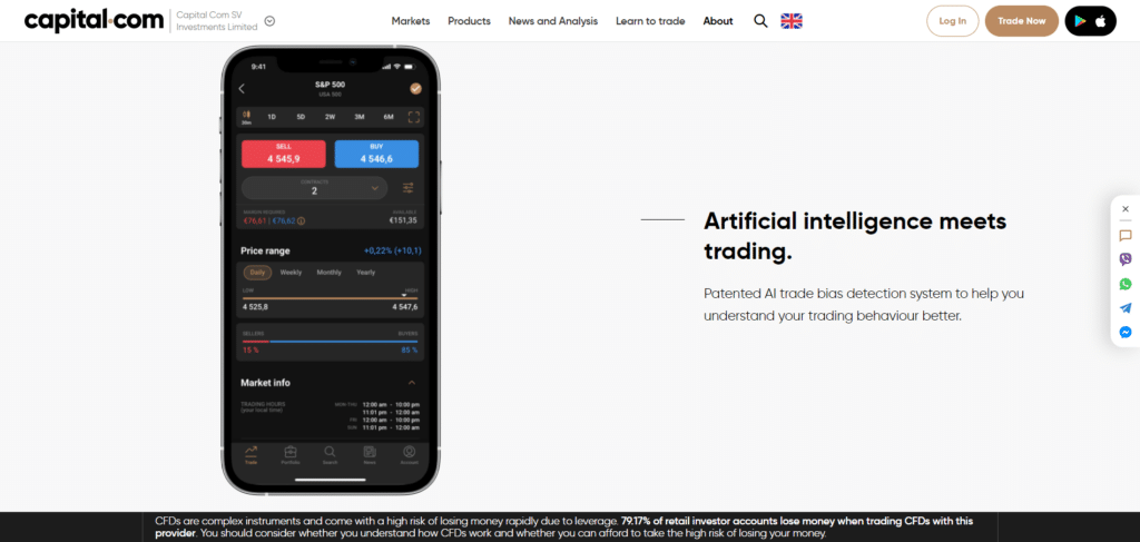 Immagine tratta dal sito ufficiale di Capital.com che mostra l'intelligenza artificiale disponibile sulla piattaforma