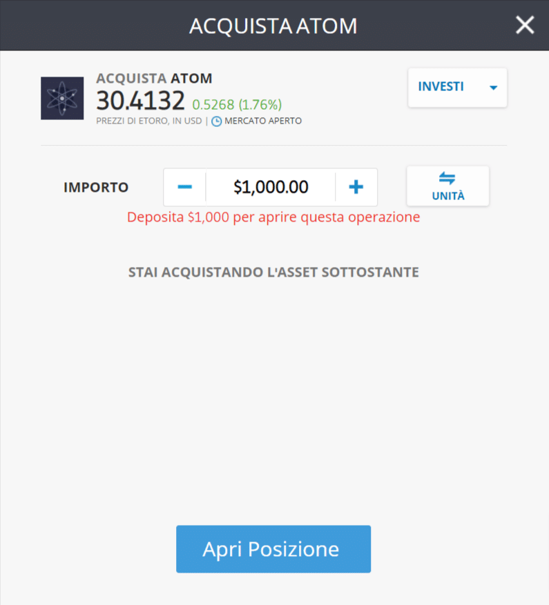 Screenshot del sito ufficiale di eToro che mostra la schermata di acquisto di ATOM.