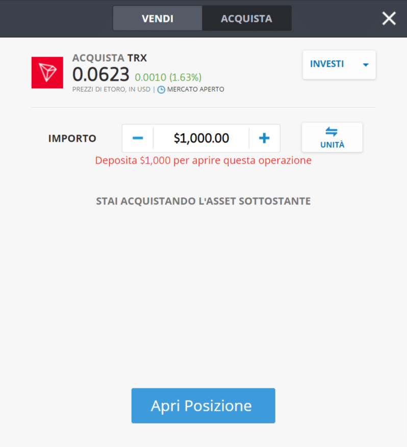 Screenshot dalla piattaforma di trading di eToro che mostra la schermata per l'acquisto di Tron (TRX).