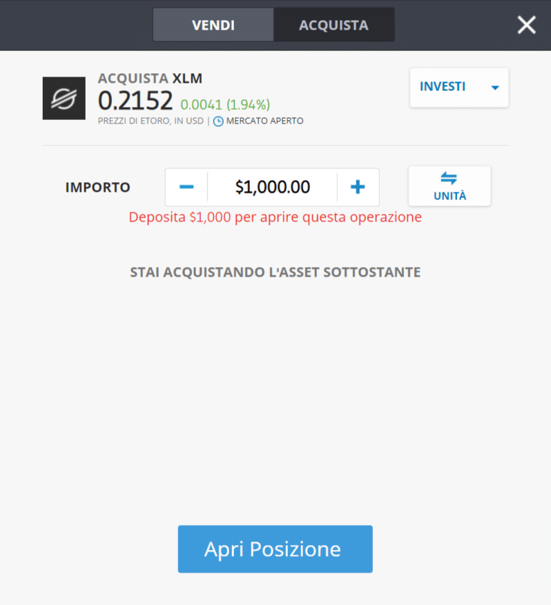 Screenshot della schermata per l'acquisto di Stellar (XLM) sulla piattaforma di eToro.