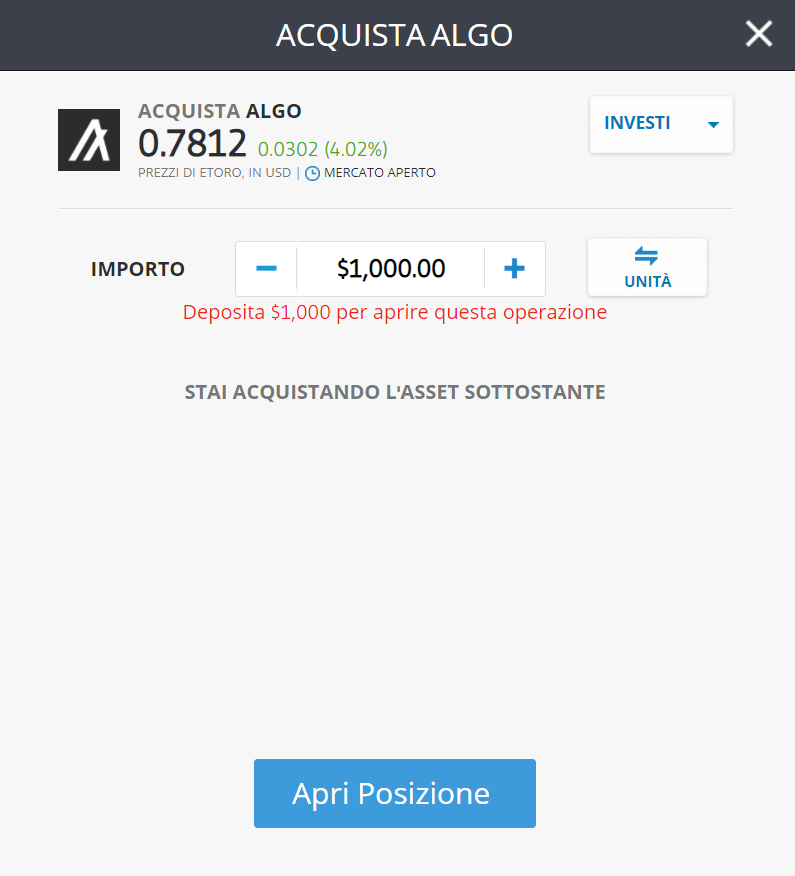 Screenshot della schermata di eToro per l'acquisto di Algorand (ALGO).