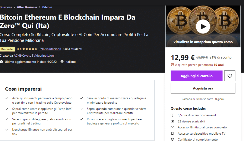 presentazione su uDemy del corso sulle criptovalute a pagamento di ACI69 Crypto