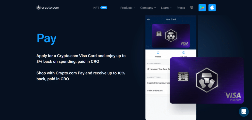 Screenshot tratto dal sito ufficiale di Crypto.com che mostra la carta Visa di Crypto.com.