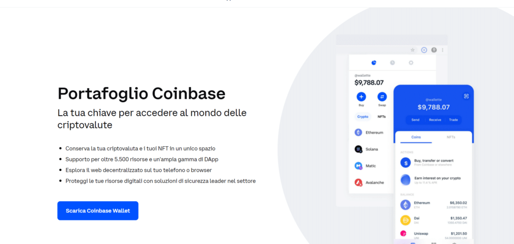 Immagine tratta dal sito ufficiale di Coinbase che mostra il wallet virtuale di Coinbase.