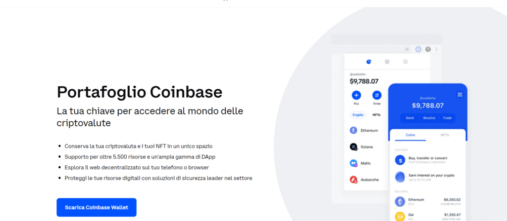 Immagine che mostra le funzionalità del portafoglio di Coinbase.
