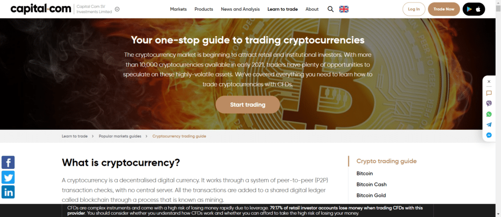 Immagine tratta dal sito ufficiale di Capital.com che mostra la guida completa al trading di criptovalute.