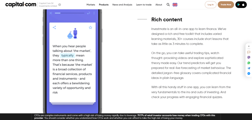 Immagine tratta dal sito ufficiale di Capital.com che mostra le funzionalità della piattaforma educativa Investmate.