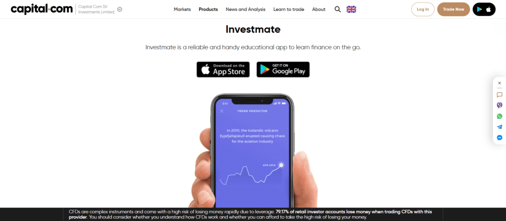 Immagine tratta dal sito ufficiale di Capital.com che mostra Investmate, l'app educazionale della piattaforma di trading di Capital.com