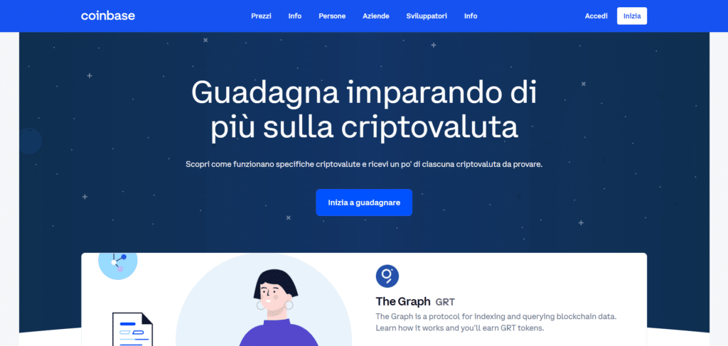 Immagine tratta dal sito ufficiale di Coinbase che mostra la possibilità di poter guadagnare imparando di più sulle cirptovaluta tramite il programma Coinbase Earn.