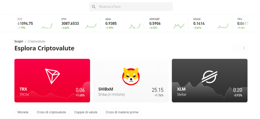 Immagine che mostra le varie criptovalute disponibili su eToro.