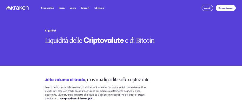 Immagine che mostra come Kraken abbia un volume di trading molto altro e pertanto consente di comprare e vendere criptovalute molto velocemente.