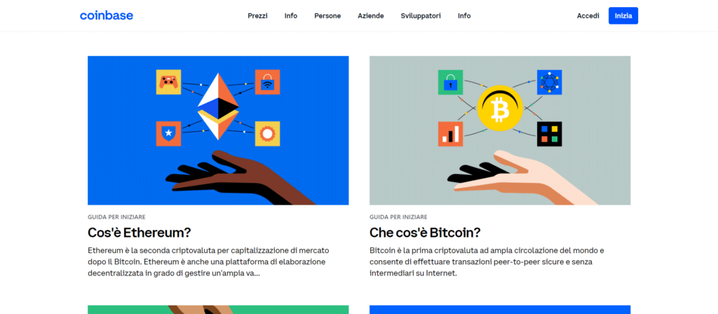 Immagine tratta dal sito ufficiale di Coinbase che mostra la disponibilità di guide gratuite dedicate alle criptovalute.