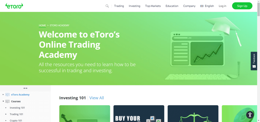 Immagine tratta dal sito ufficiale di eToro che mostra i diversi corsi educativi gratuiti proposti dalla piattaforma.