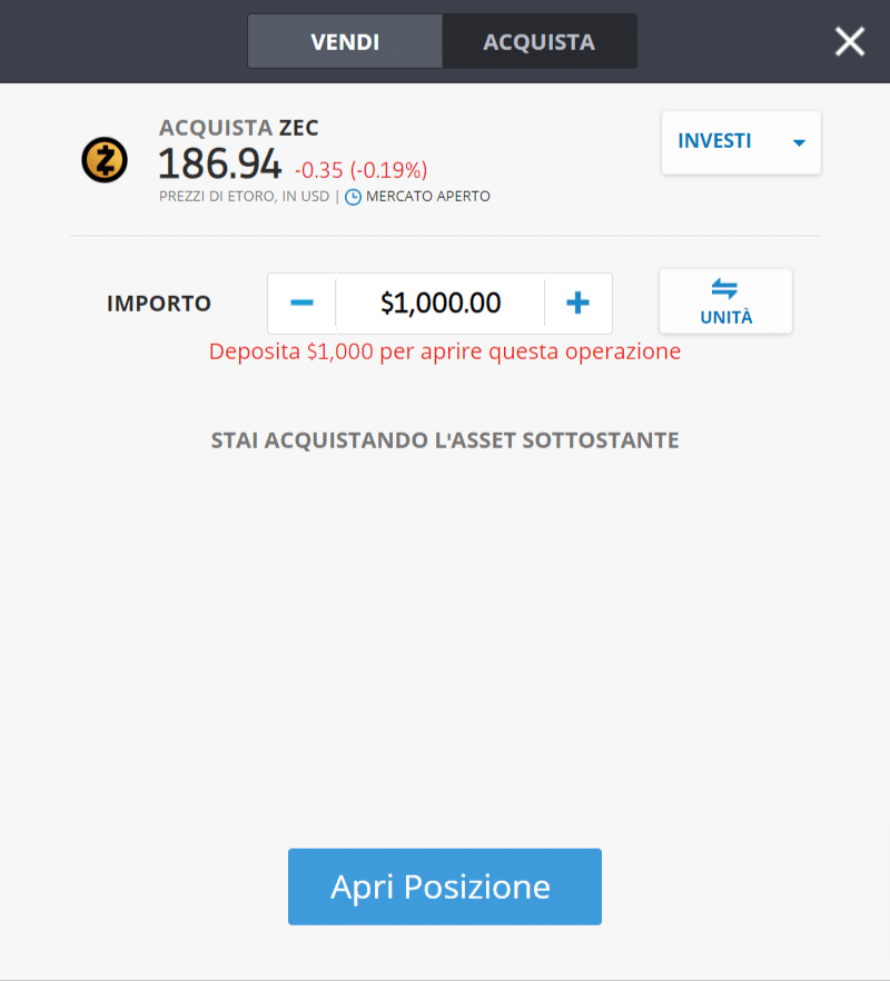 Screenshot della schermata di acquisto di Zcash (ZEC) sulla piattaforma di trading di eToro.