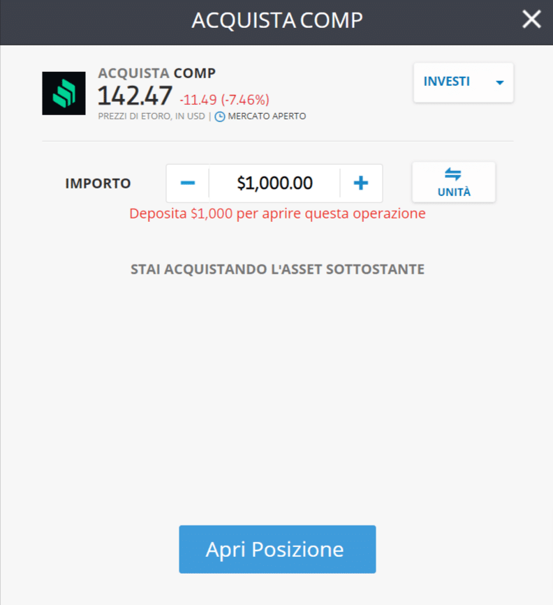 Screenshot della schermata per l'acquisto di Compound (COMP) sulla piattaforma di trading di eToro.