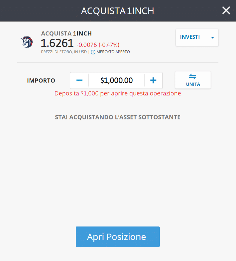 Screenshot che mostra la schermata per l'acquisto di 1INCH sulla piattaforma di trading di eToro