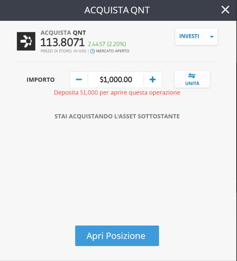 Screenshot della schermata per l'acquisto di Quant sulla piattaforma di trading di eToro