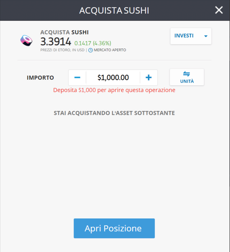 Screenshot della schermata per l'acquisto di SushiSwap (SUSHI) sulla piattaforma di eToro