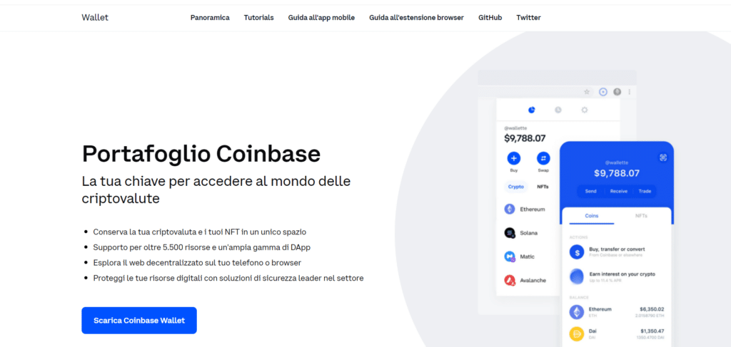 Immagine che mostra il wallet virtuale offerto dalla piattaforma di Coinbase.