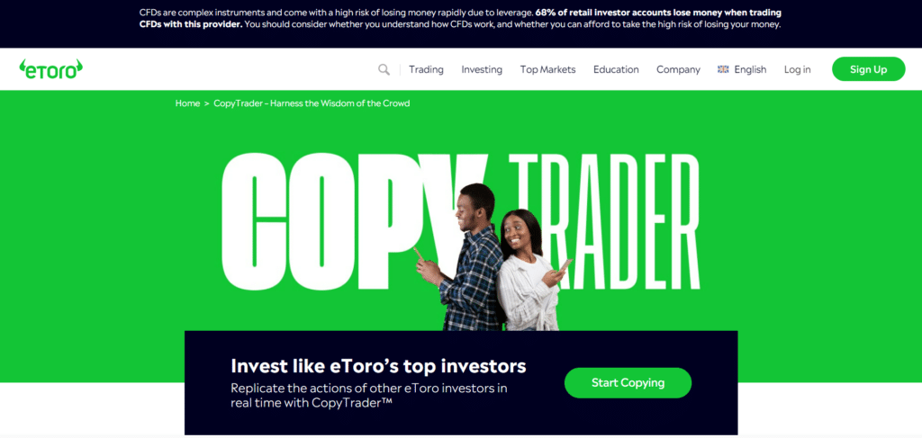 Immagine tratta dal sito ufficiale di eToro che mostra la possibilità di poter fare Copytrading.