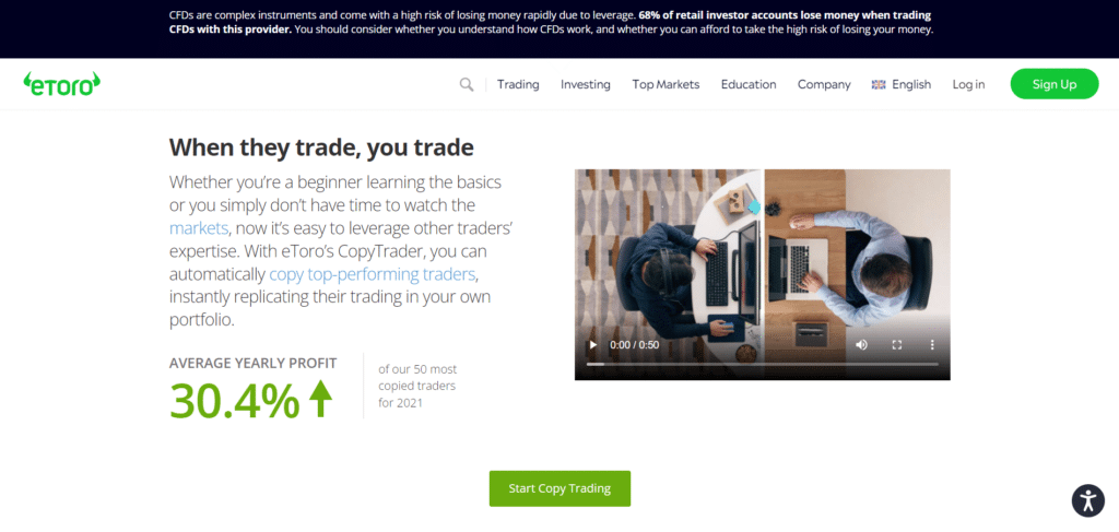 Immagine che mostra la possibilità di utilizzare il Copytrading sulla piattaforma di eToro.