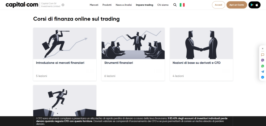 Immagine tratta da Capital.com che mostra i diversi corsi gratuiti presenti su Capital.com