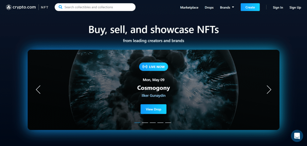 Immagine tratta dal sito ufficiale di Crypto.com che mostra l' NFTs marketplace della piattaforma.f