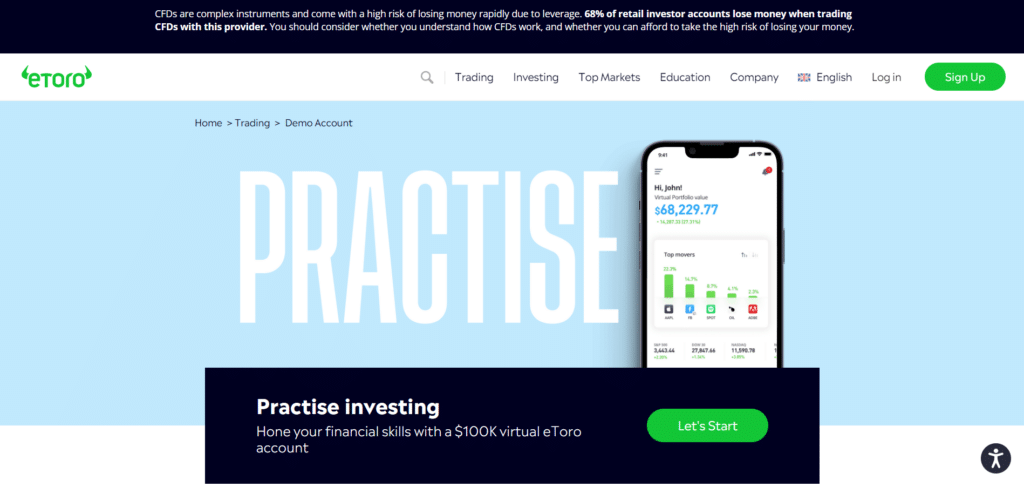 Immagine che mostra il conto demo gratuito offerto dalla piattaforma di trading di eToro.