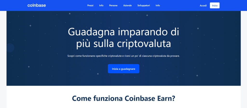 Immagine tratta dal sito ufficiale di Coinbase che mostra la possibilità di poter guadagnare imparando di più sulle criptovalute grazie a Coinbase Earn.