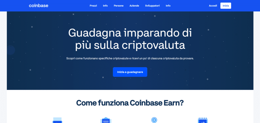 Immagine tratta dal sito ufficiale di Coinbase che mostra la possibilità di poter guadagnare criptovalute semplicemente rispondendo a domande su di esse.