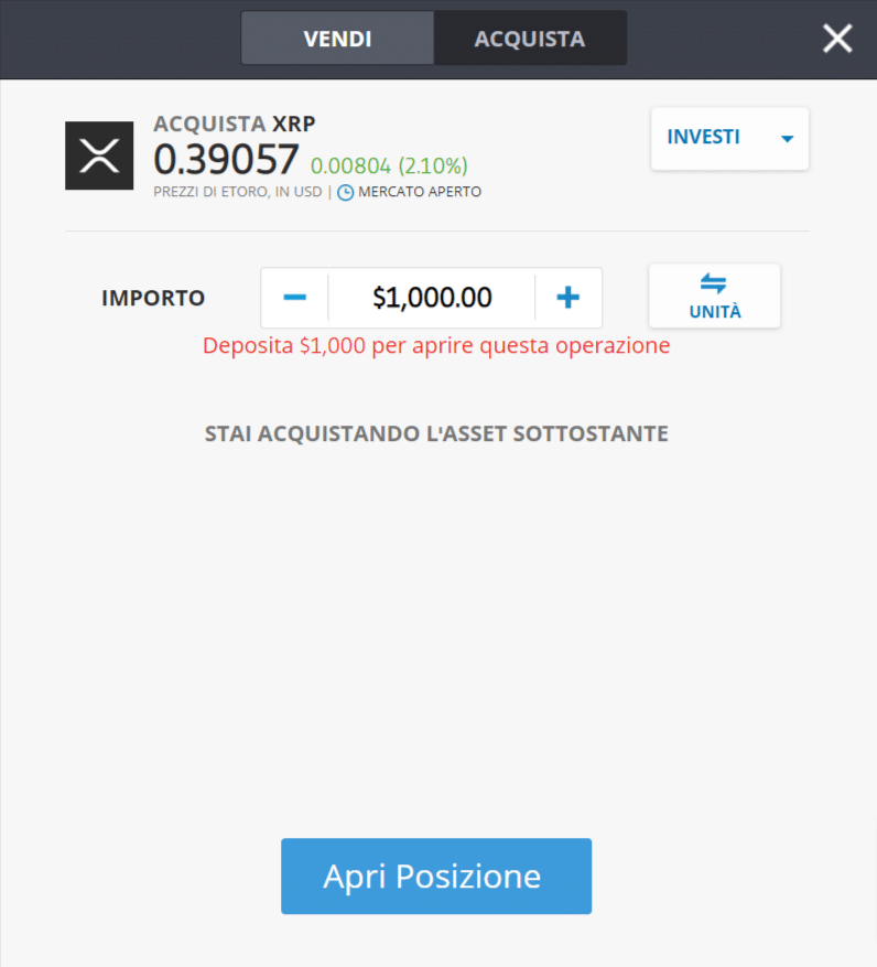 Screenshot della schermata per l'acquisto di Ripple (XRP) su eToro.