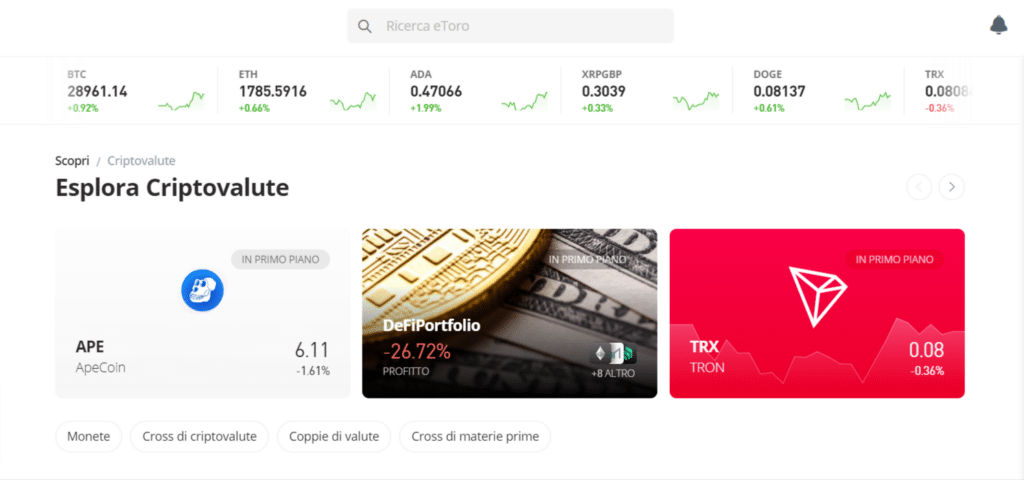 Immagine che mostra alcune delle criptovalute che è possibile acquistare sulla piattaforma di trading di eToro