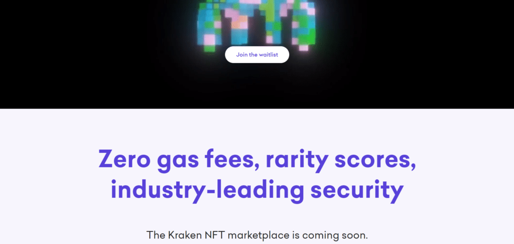 Immagine tratta dal sito ufficiale di Kraken che mostra l'arrivo imminente sulla piattaforma di Kraken del marketplace dedicato agli NFT