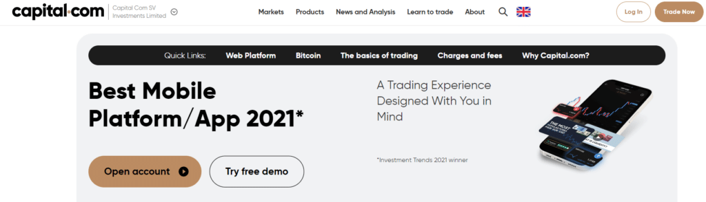 Immagine tratta dal sito ufficiale di Capital.com che mostra il premio di best mobile Platform/App ottenuto da Capital.com nel 2021.