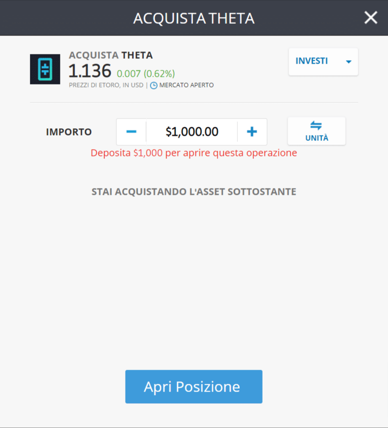 Screenshot della schermata per l'acquisto di Theta su eToro.