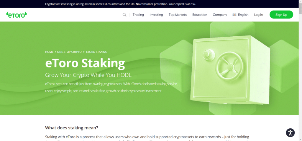 Immagine tratta dal sito ufficiale di eToro che mostra la possibilità di poter mettere in staking le proprie criptovalute.