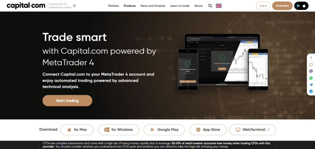 Immagine tratta dal sito ufficiale di Capital.com che mostra la possibilità di poter utilizzare MetaTrader 4 come piattaforma di trading.